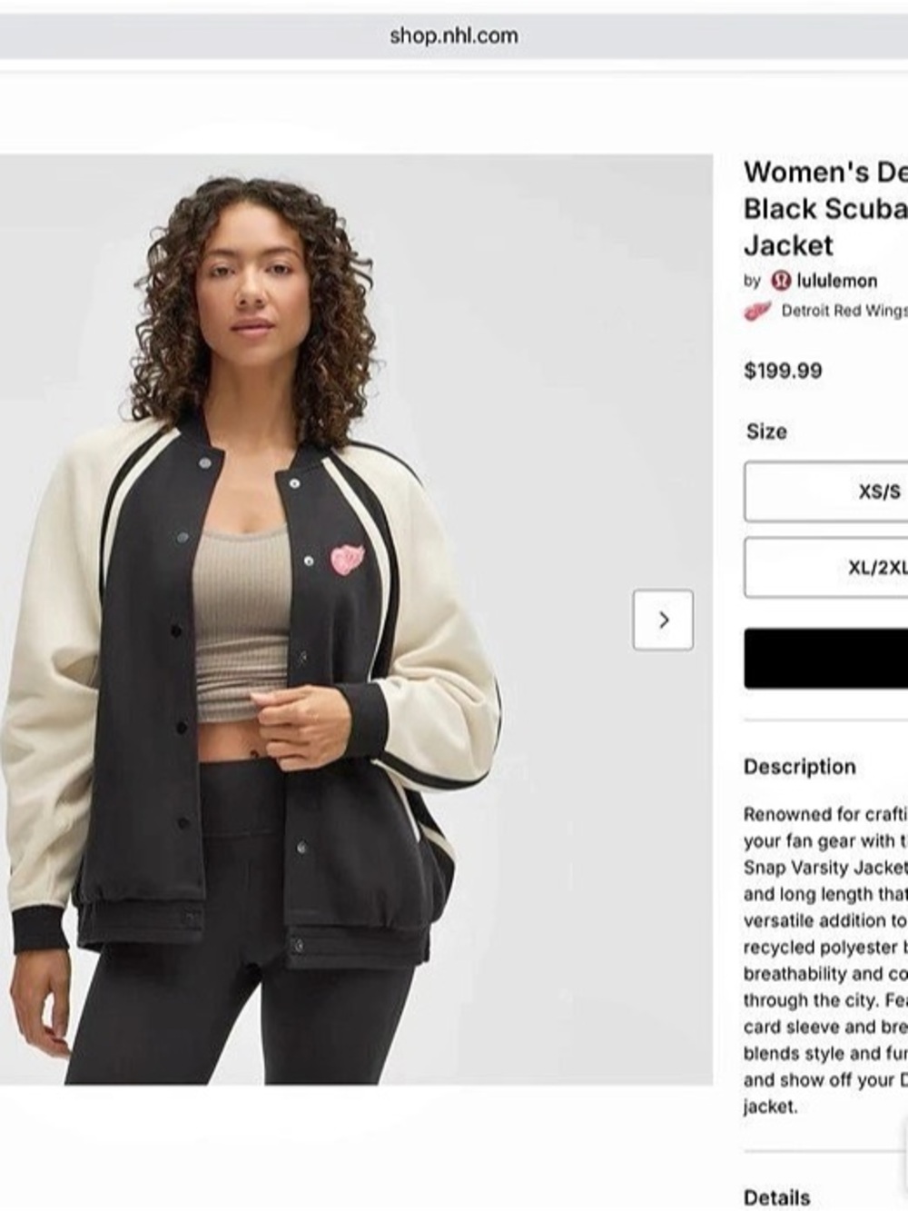Lululemon Detroit Red Wings Scuba Oversized Full-Snap Varsity Jacket Black & Ivo